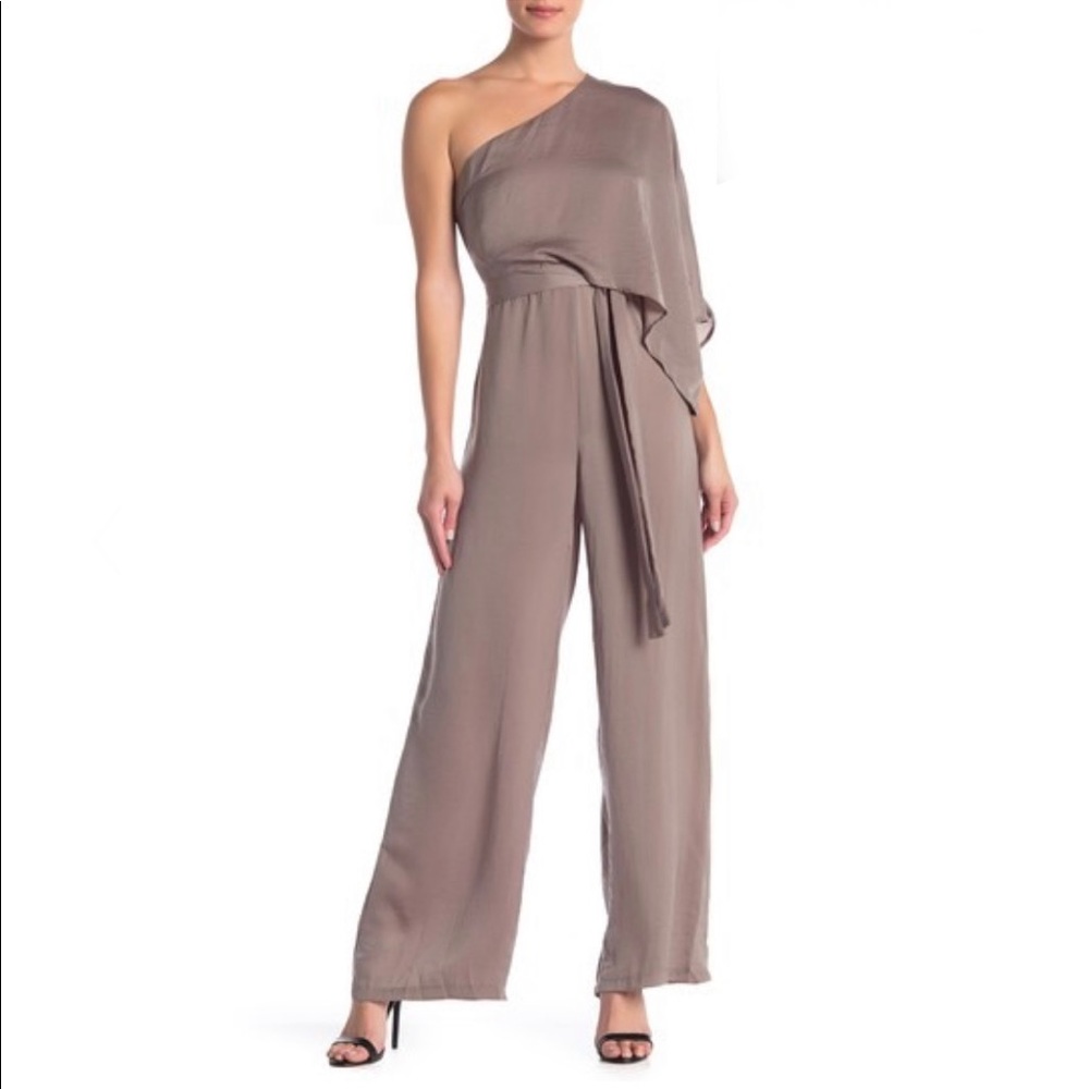L’Atiste by Amy One Shoulder Satin Jumpsuit Olive